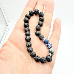 Blue Aqua Terra Jasper Black Lava Black and Blue Beaded Bracelet